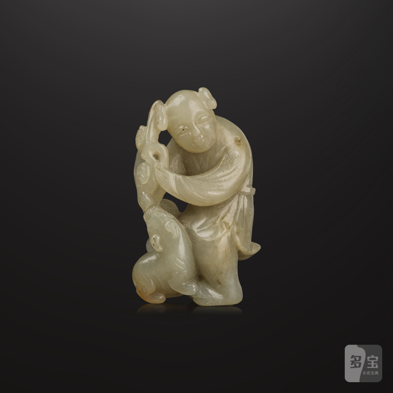 十七/十八世紀 灰黑玉臥獸 及 青白玉童子 | DEUX GROUPES EN JADE SCULPTÉ - 图4